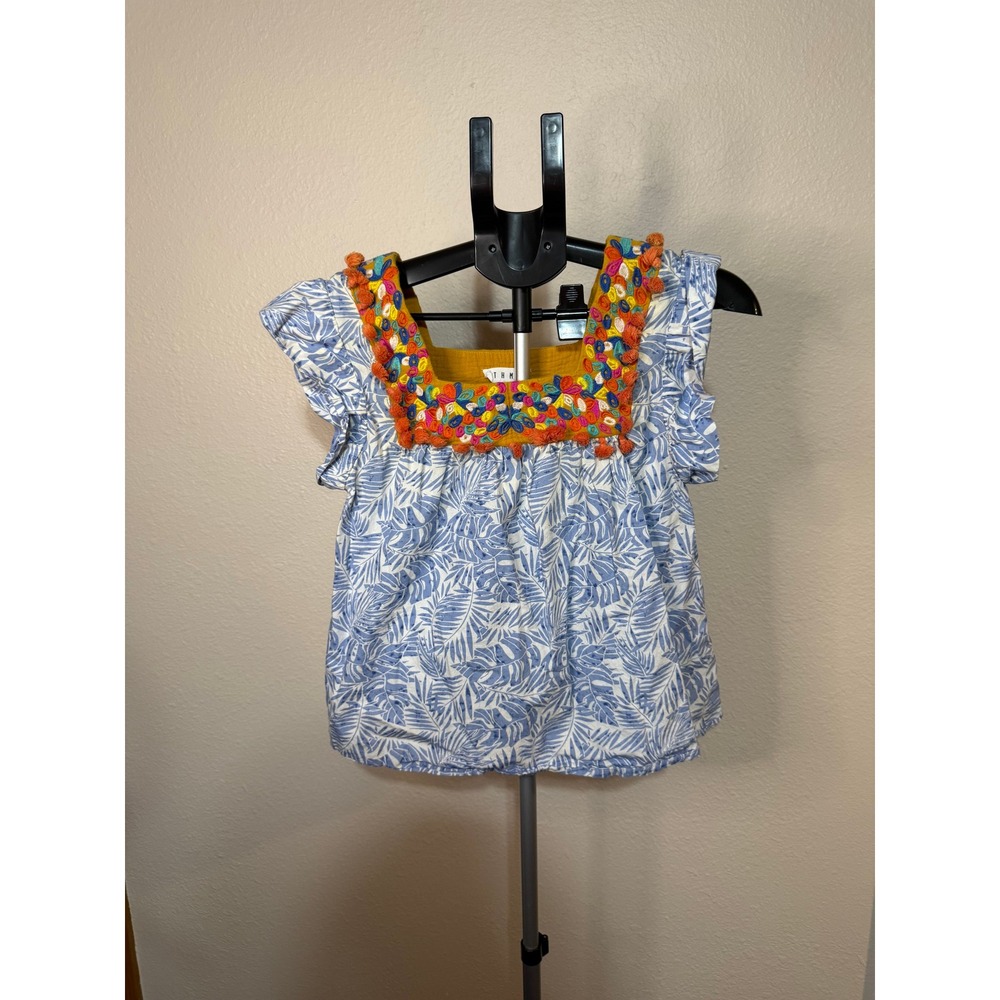 THML Blue White Palm Print Embroidered Pom Pom Flutter Sleeve Top THS0913-BL S